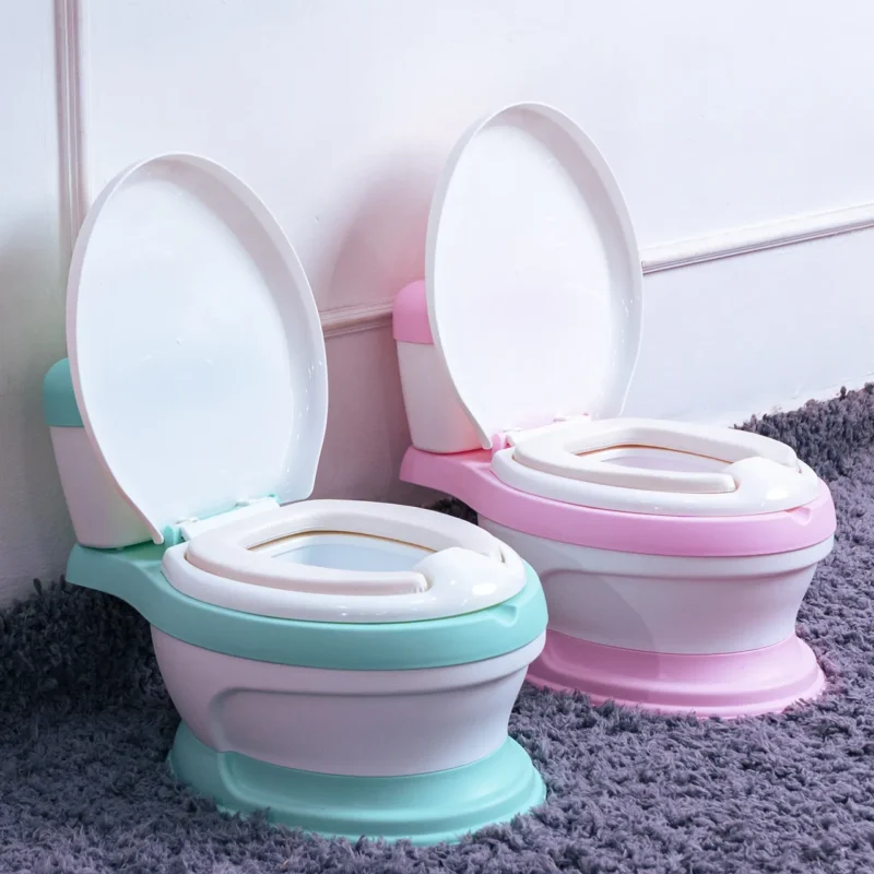 Two realistic potty chairs (pink and teal) sold by Zawadi Baby Shop Nairobi. Durable and safe.