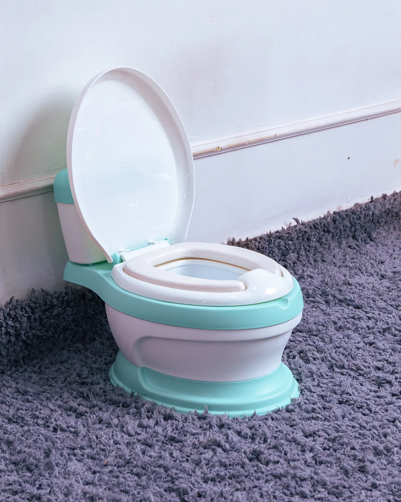 Toilet-Like Potty Trainer 8 Teal Toddler Potty With The Lid Up, Showing The Easy-Clean Removable Waste Bowl Feature.