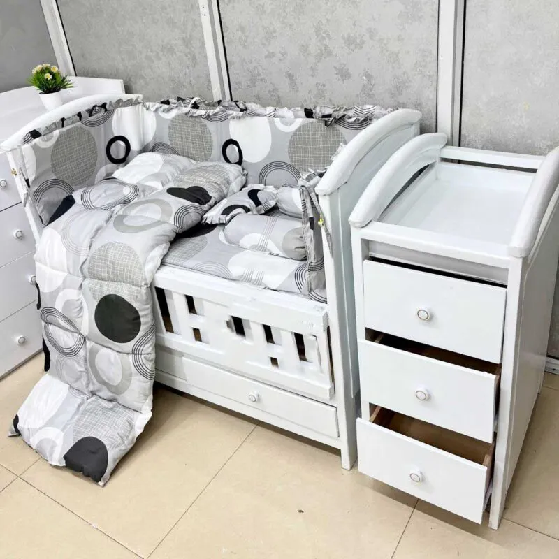 Wooden Baby Cot With Beddings