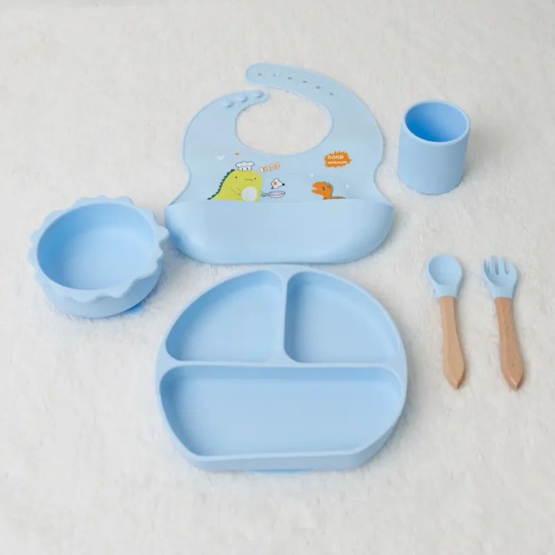 6-piece silicone baby weaning feeding set with dinosaur bib displayed at Zawadi Baby Shop Nairobi.