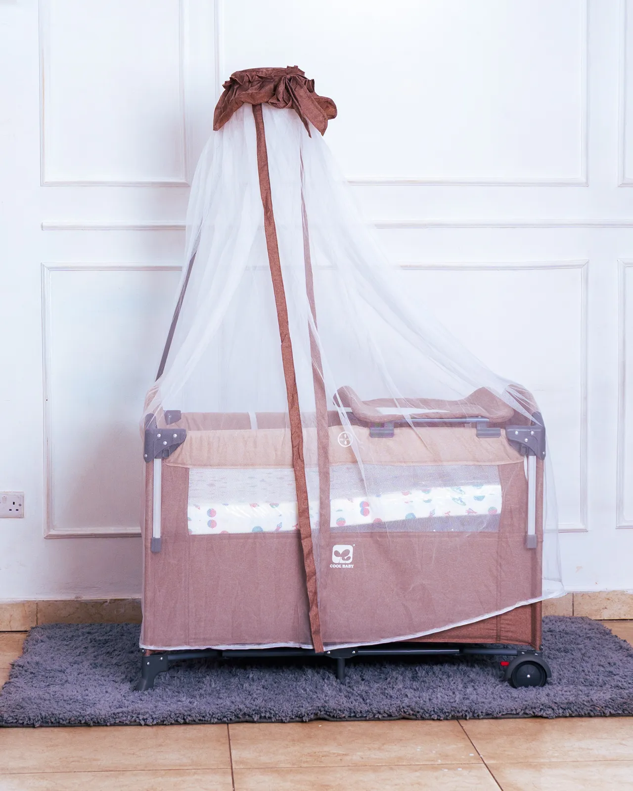 Co Sleeper With Mosquito Net 5 Brown Co-Sleeper With Mosquito Net With Canopy Fully Covering The Crib For Insect Protection.