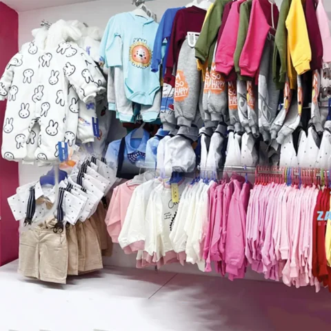 A display of colorful newborn and baby clothing at Zawadi Baby Shop, featuring rompers, bodysuits, sweaters, shirts, and matching outfits for infants.