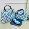 4 In 1 Diaper Bag 1 Ncludes A Large Diaper Bag, Medium-Sized Bag, Bottle Holder, And Changing Mat With A Stylish Blue And White Geometric Pattern.