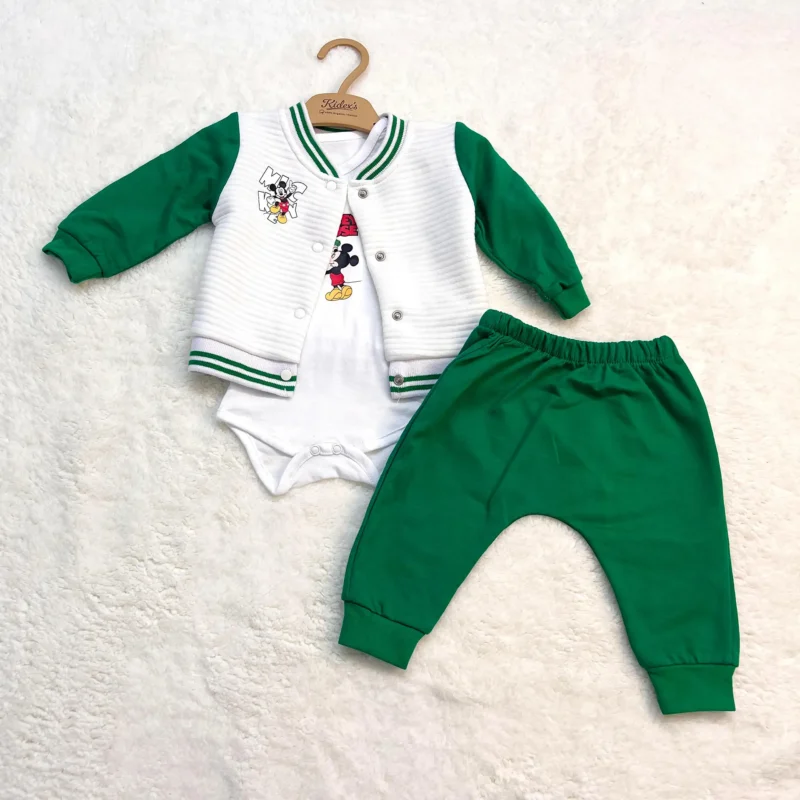 Three-piece baby boy outfit set for 0–12 months including a green and white jacket with cartoon print, a white bodysuit, and green pants.