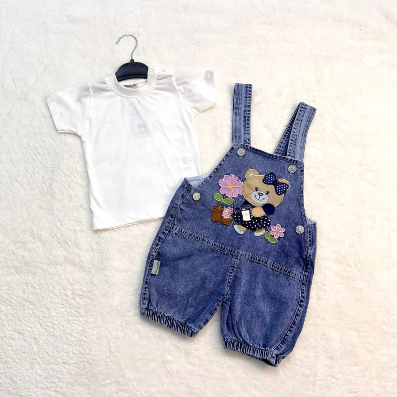 Kids' denim dungaree set with bunny face design and white t-shirt – fun and functional clothing for toddlers.