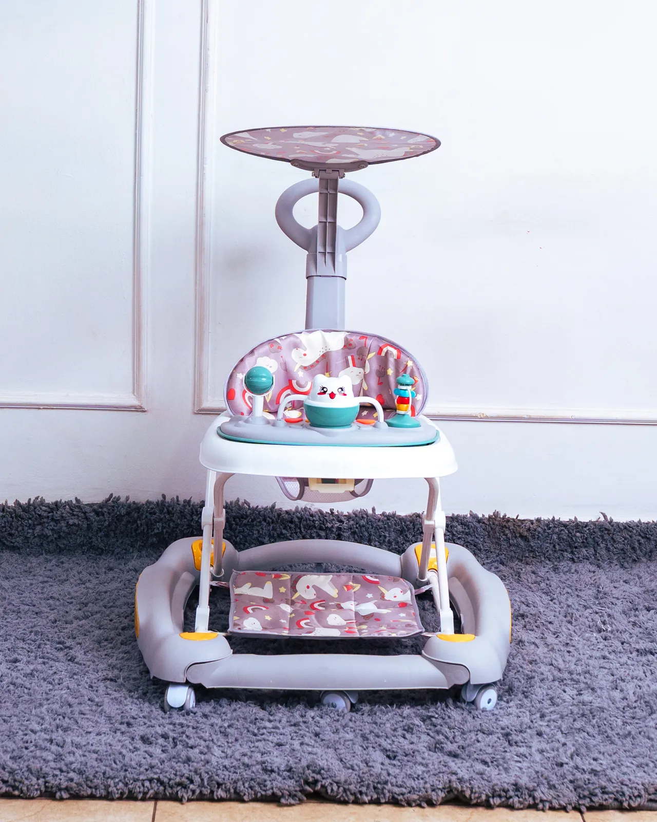 3 In 1 Baby Walker With Push Handle And Umbrella 4 Front View Of The 3 In 1 Baby Walker With The Parent Push Handle And Sun Canopy Extended.