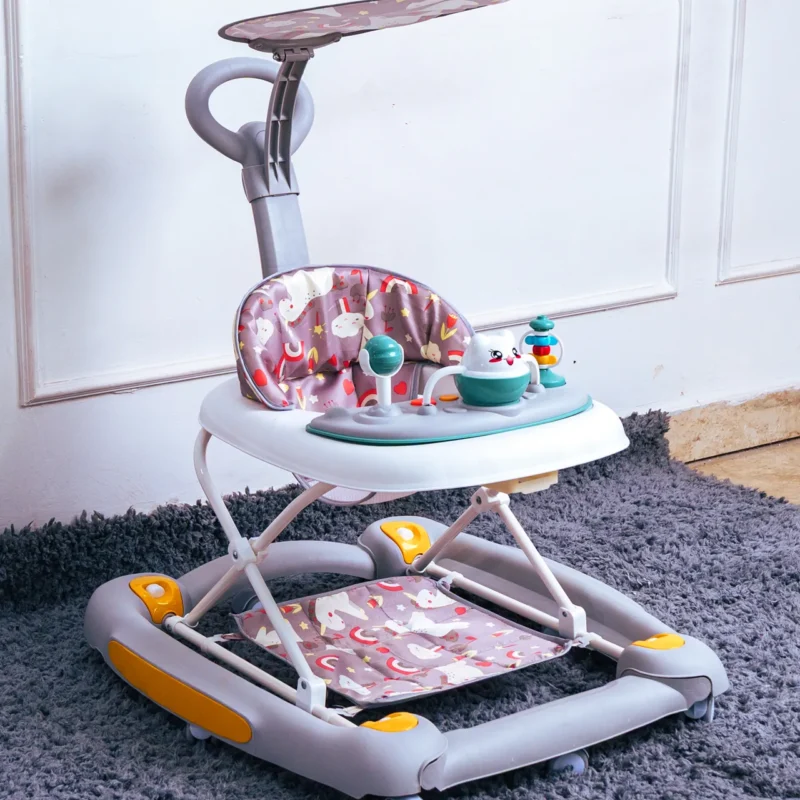 Close-up of the Child Walker activity tray and the colorful, padded seat fabric.