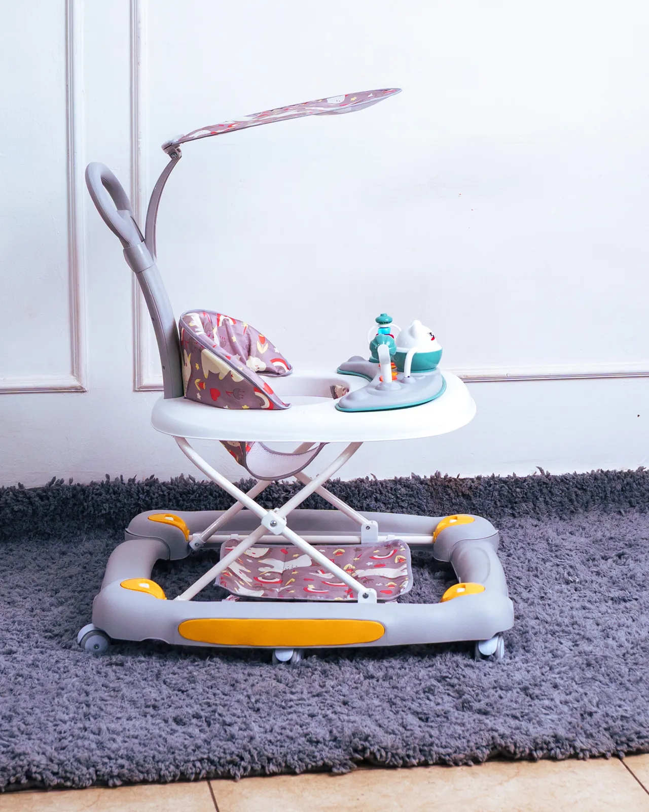 3 In 1 Baby Walker With Push Handle And Umbrella 3 Side Profile Of The Infant Walker Showing The Adjustable Canopy And High Backrest.