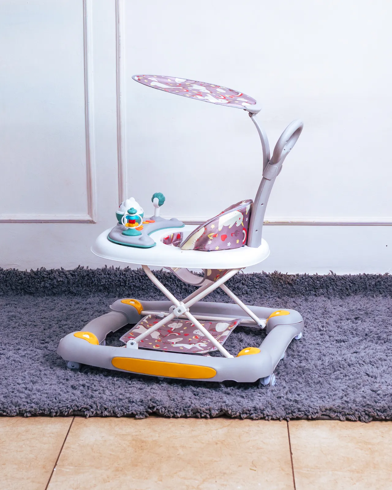 3 In 1 Baby Walker With Push Handle And Umbrella 2 Angled View Of The Multi-Function 3 In 1 Baby Walker With Tray Toys And Wide Base.