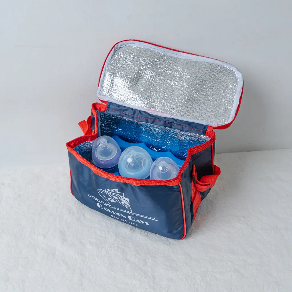 Insulated navy breast milk cooler bag with contoured blue ice packs at Zawadi Baby Shop Nairobi.