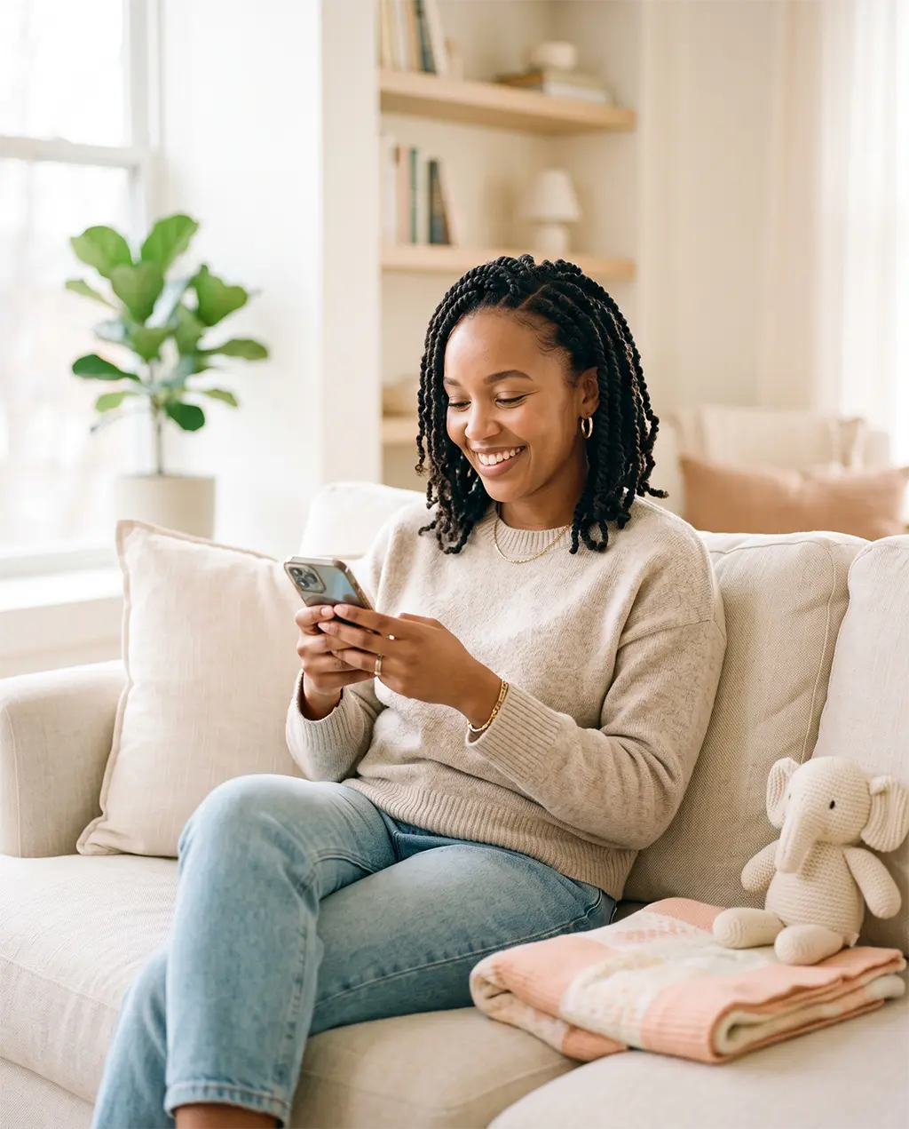 Mother relaxing at home ordering baby essentials on her phone