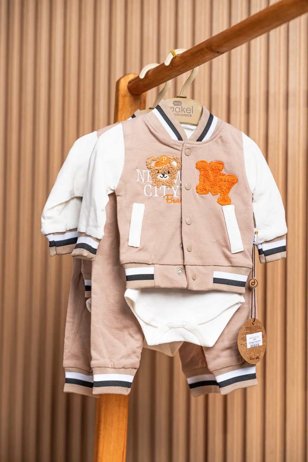3 Piece Cotton Varsity Set For Baby Boys 5 Tan Baby Boy Varsity Set With Bear Patch And Bodysuit (Photo 5) At Zawadi Baby Shop Nairobi.