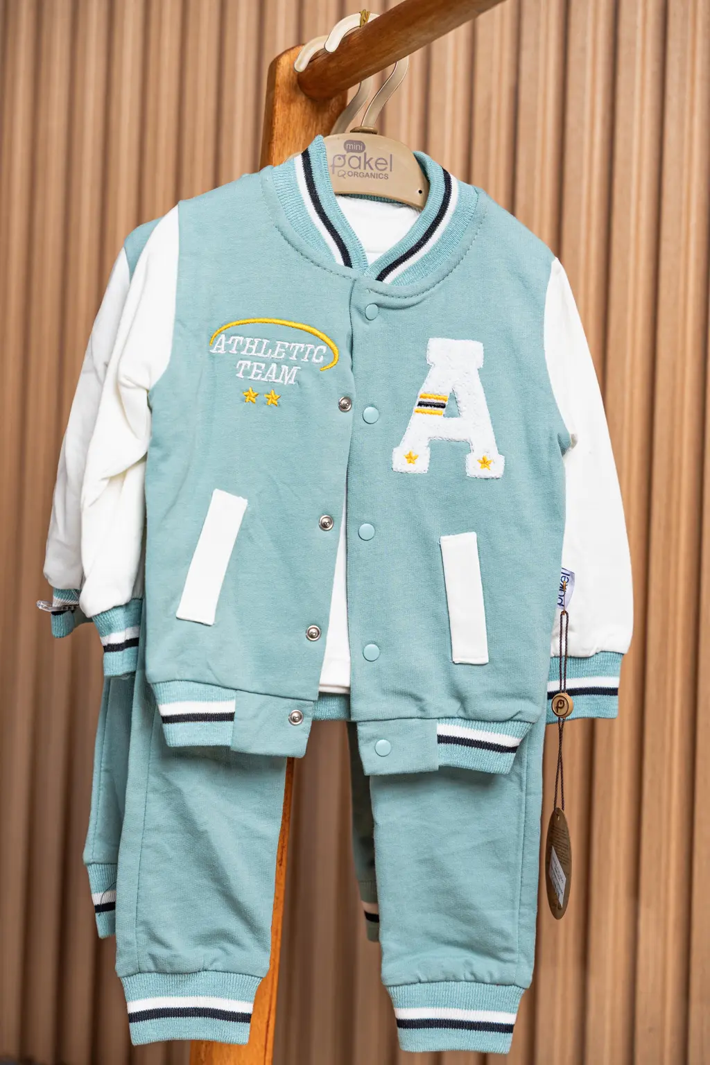 3 Piece Cotton Varsity Set For Baby Boys 3 Mint Green Baby Boy Varsity Set With Athletic Team Badge (Photo 3) At Zawadi Baby Shop Nairobi.