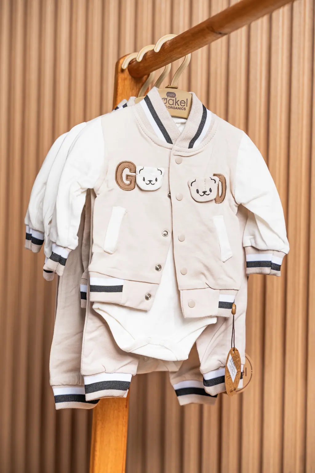 3 Piece Cotton Varsity Set For Baby Boys 7 Beige Baby Boy Set With Bear Print Bodysuit And Trousers (Photo 7) At Zawadi Baby Shop Nairobi.