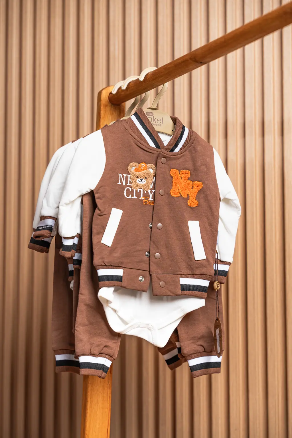 3 Piece Cotton Varsity Set For Baby Boys 4 Brown 3 Piece Baby Boy Varsity Jacket Set (Photo 4) At Zawadi Baby Shop Nairobi.