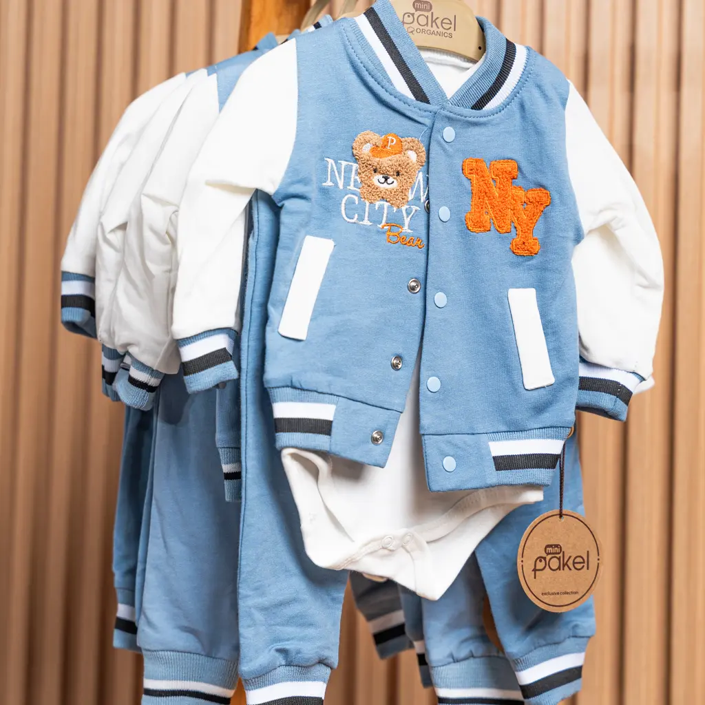 Light blue 3 piece cotton varsity set for baby boys at Zawadi Baby Shop Nairobi.