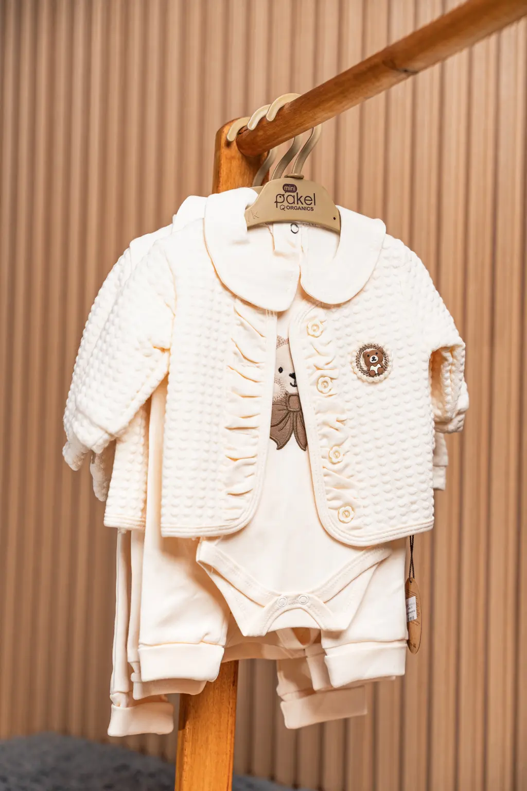 3 Piece Newborn Set With Quilted Cardigan 2 Cream 3 Piece Newborn Set With Quilted Ruffle Collar Cardigan (Photo 2) At Zawadi Baby Shop Nairobi.