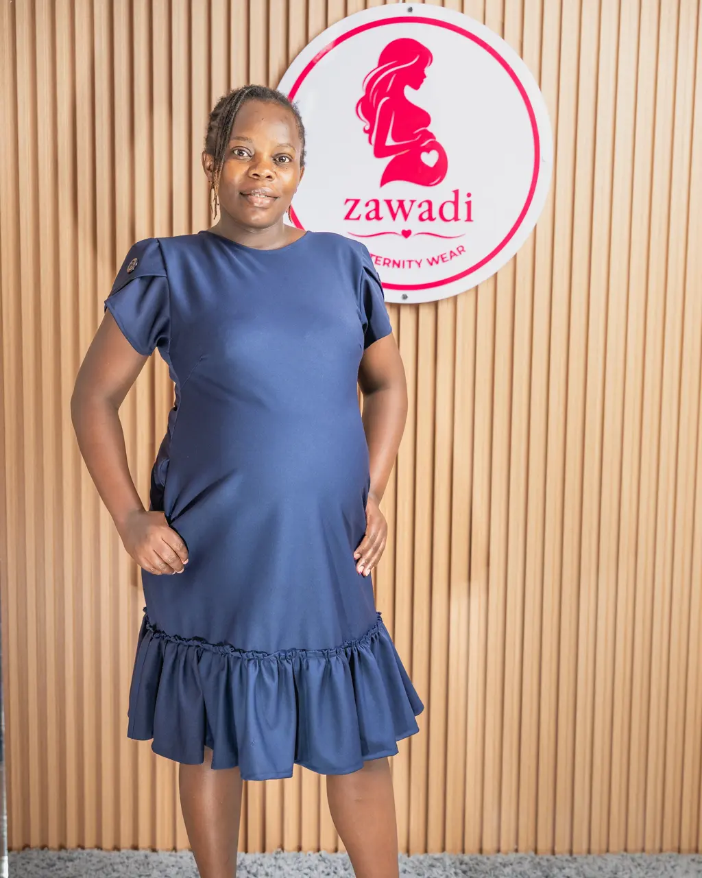 Button Back Maternity Dress With Sleeve Detail 1 Navy Button Back Maternity Dress With Ruffle Hem At Zawadi Baby Shop Nairobi.