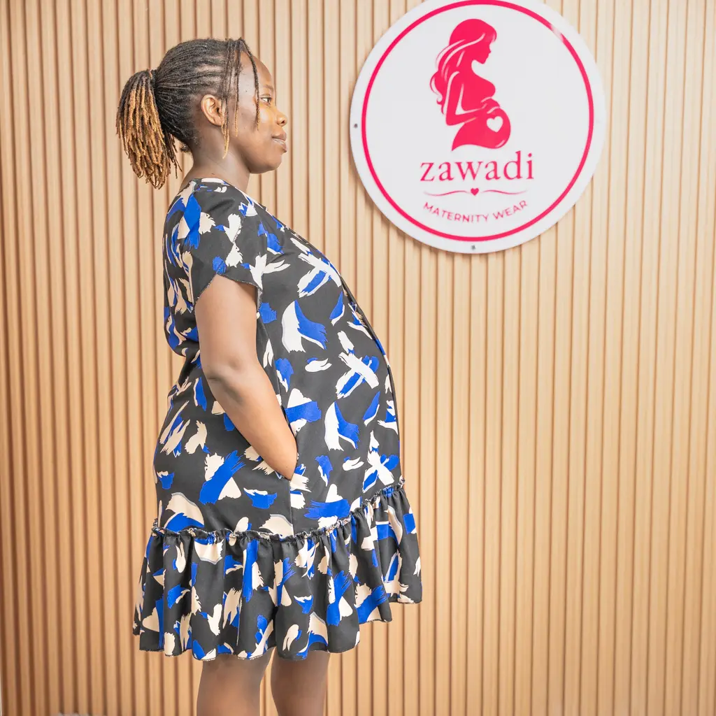Printed Maternity Dress With Open V-Back 3 Side View Of The Printed Maternity Dress Showing The Bump Fit (Photo 3) At Zawadi Baby Shop Nairobi.